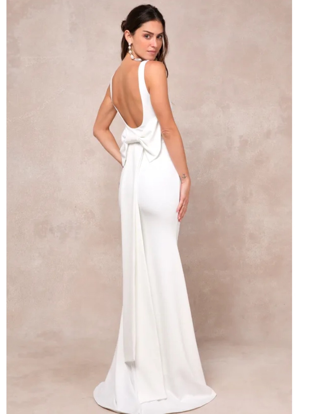 Lulus Loving Fate White Bow Square Neck Backless Crepe Knit Maxi Wedding Dress